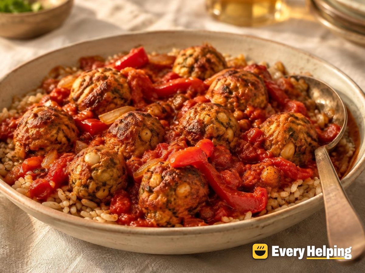 Smoky White Bean Balls in Roasted Pepper Tomato Sauce