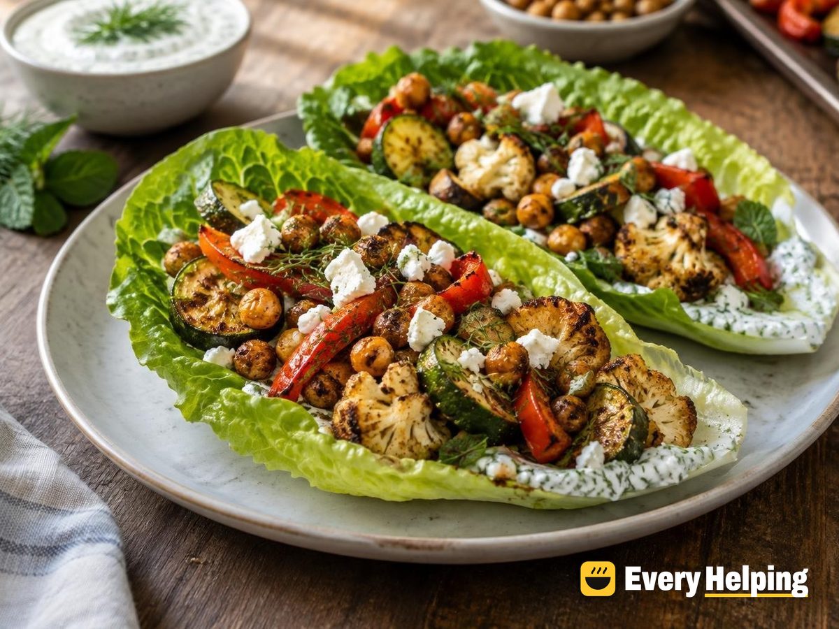 Roasted Veggie Feta Lettuce Wraps with Dill Yogurt