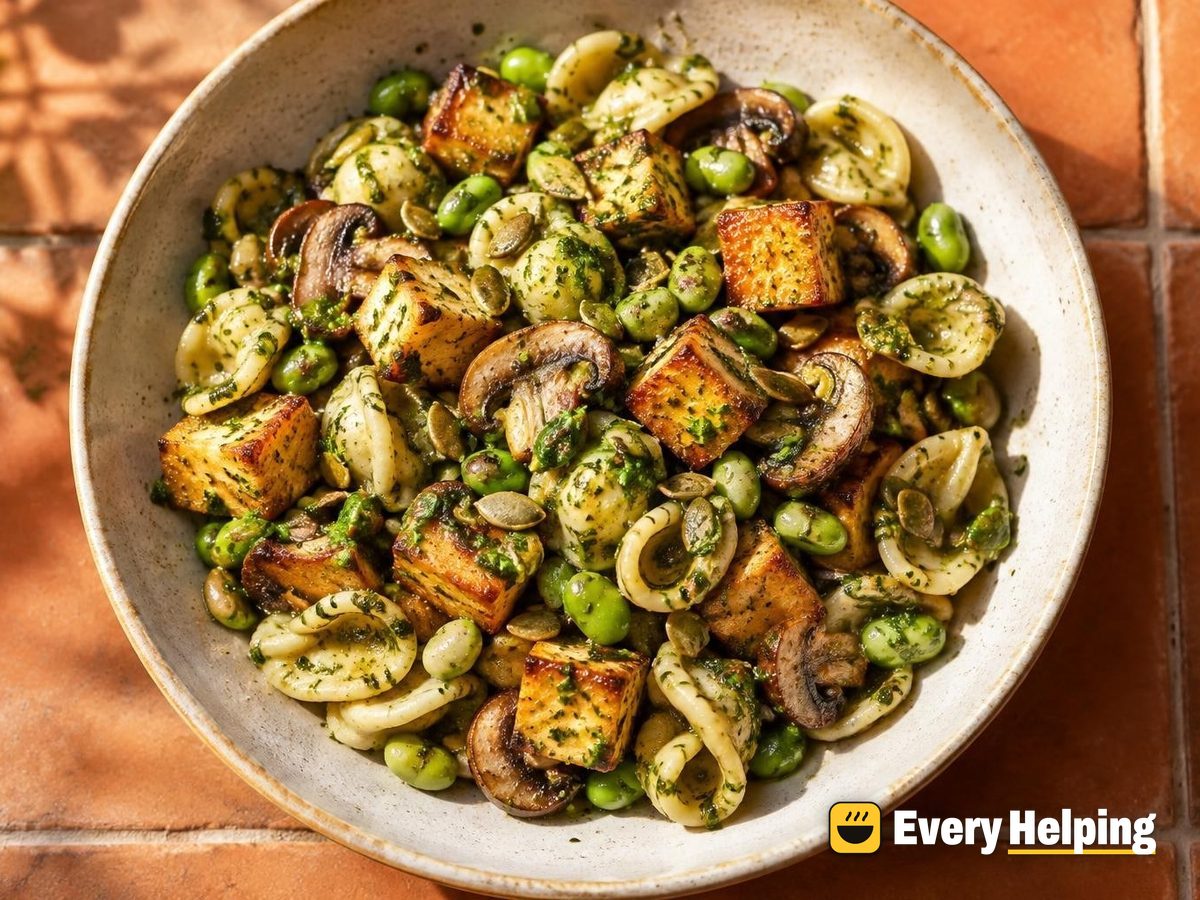 Crispy Tofu Orecchiette with Mushrooms and Herb Pesto