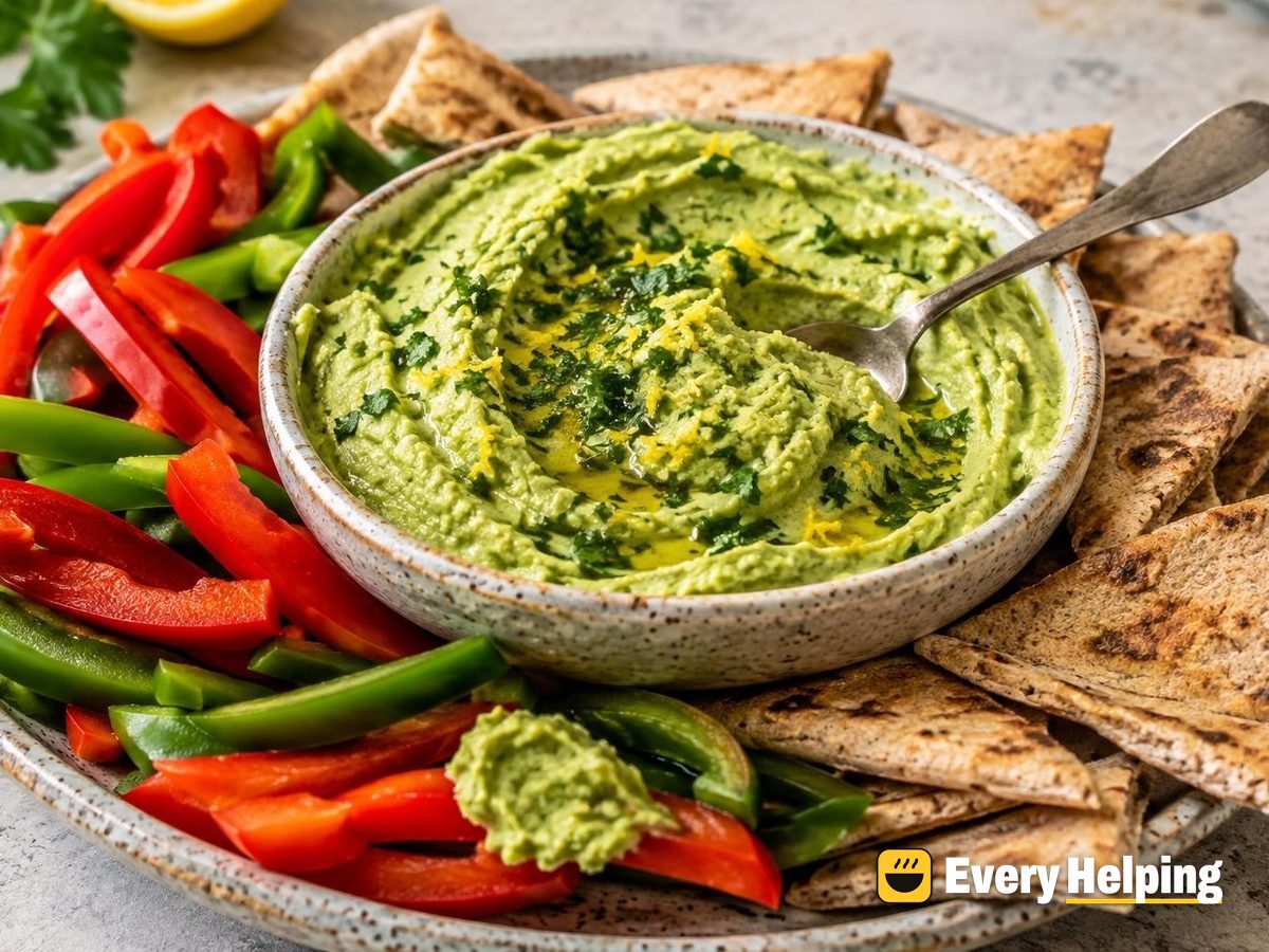 Roasted Garlic Lemon Edamame Hummus with Peppers