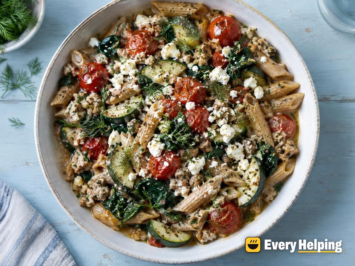 Greek-Style No-Boil Turkey Zucchini Pasta Bake