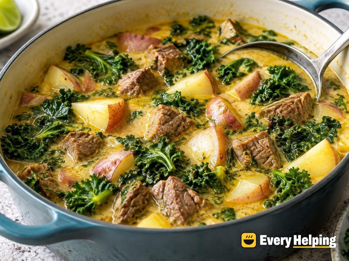 Ginger Beef Coconut Soup with Kale and Potatoes