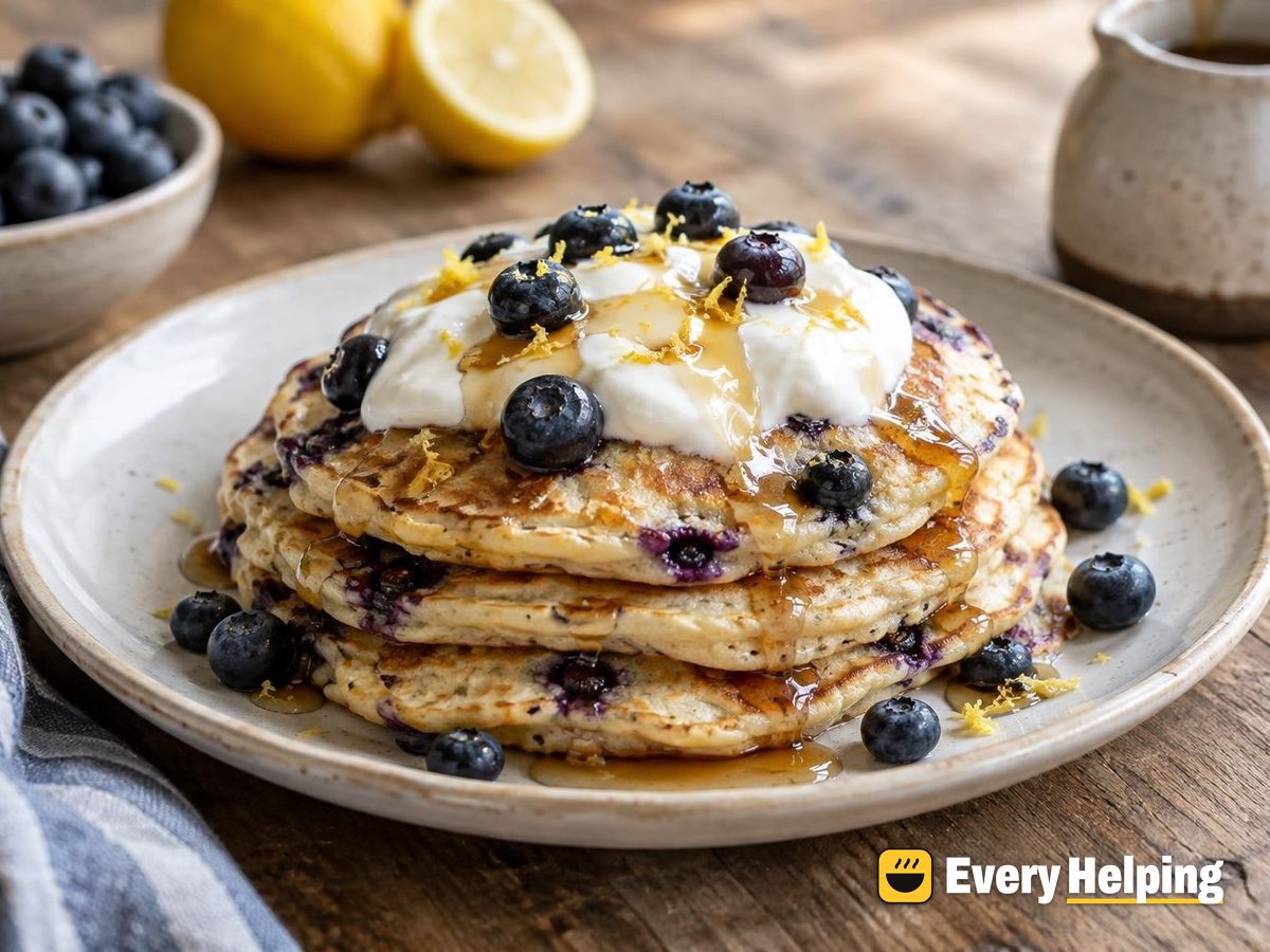 Lemon Oat Blueberry Pancakes with Yogurt
