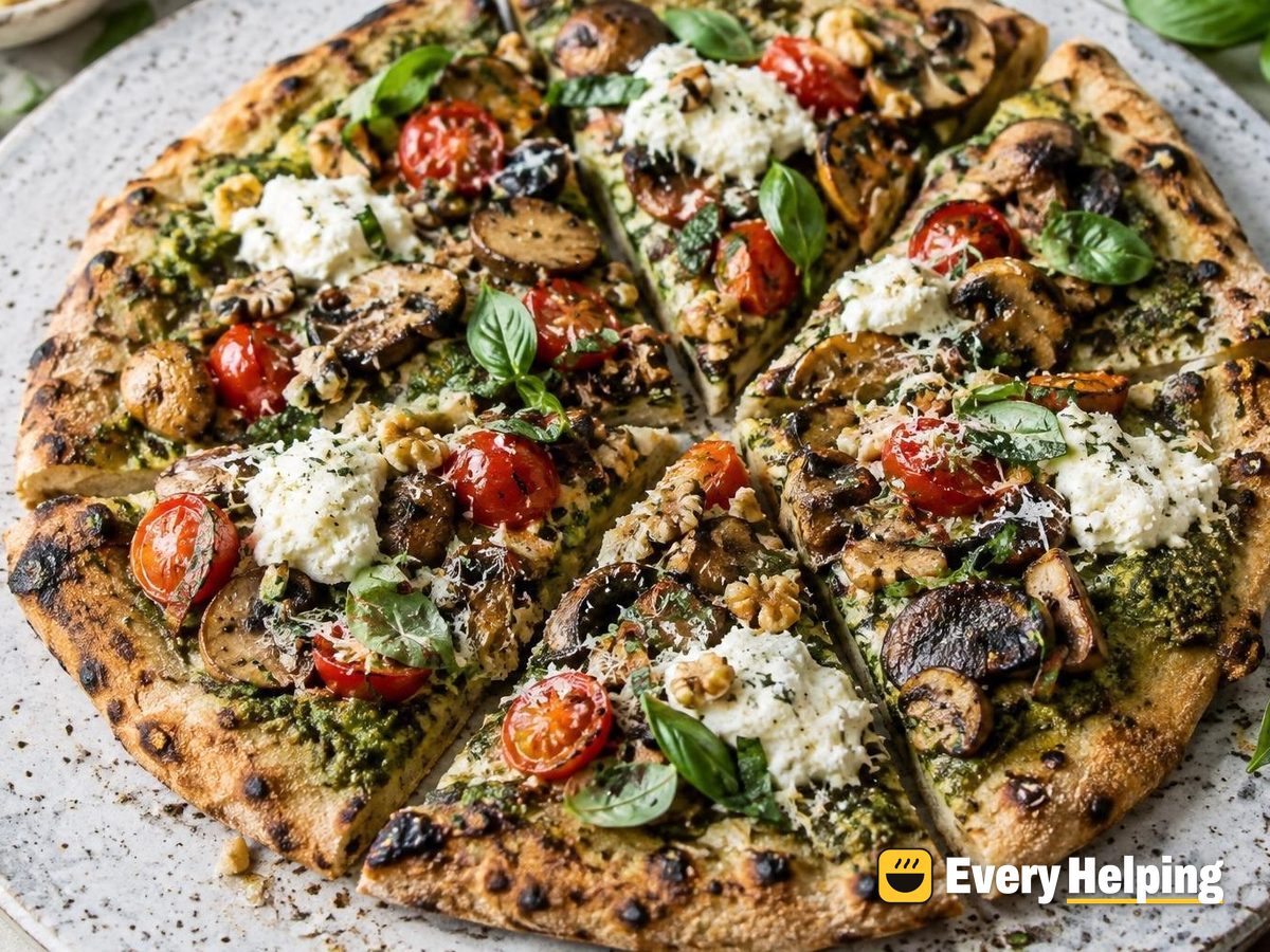 Grilled Spelt Flatbreads with Mushrooms and Basil-Oregano Pesto
