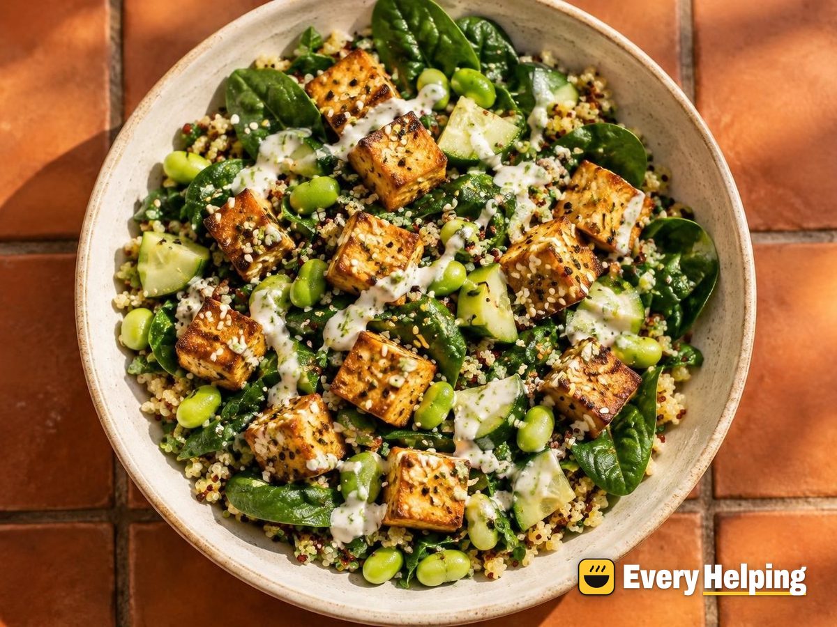 Crispy Sesame Tofu Quinoa Spinach Salad