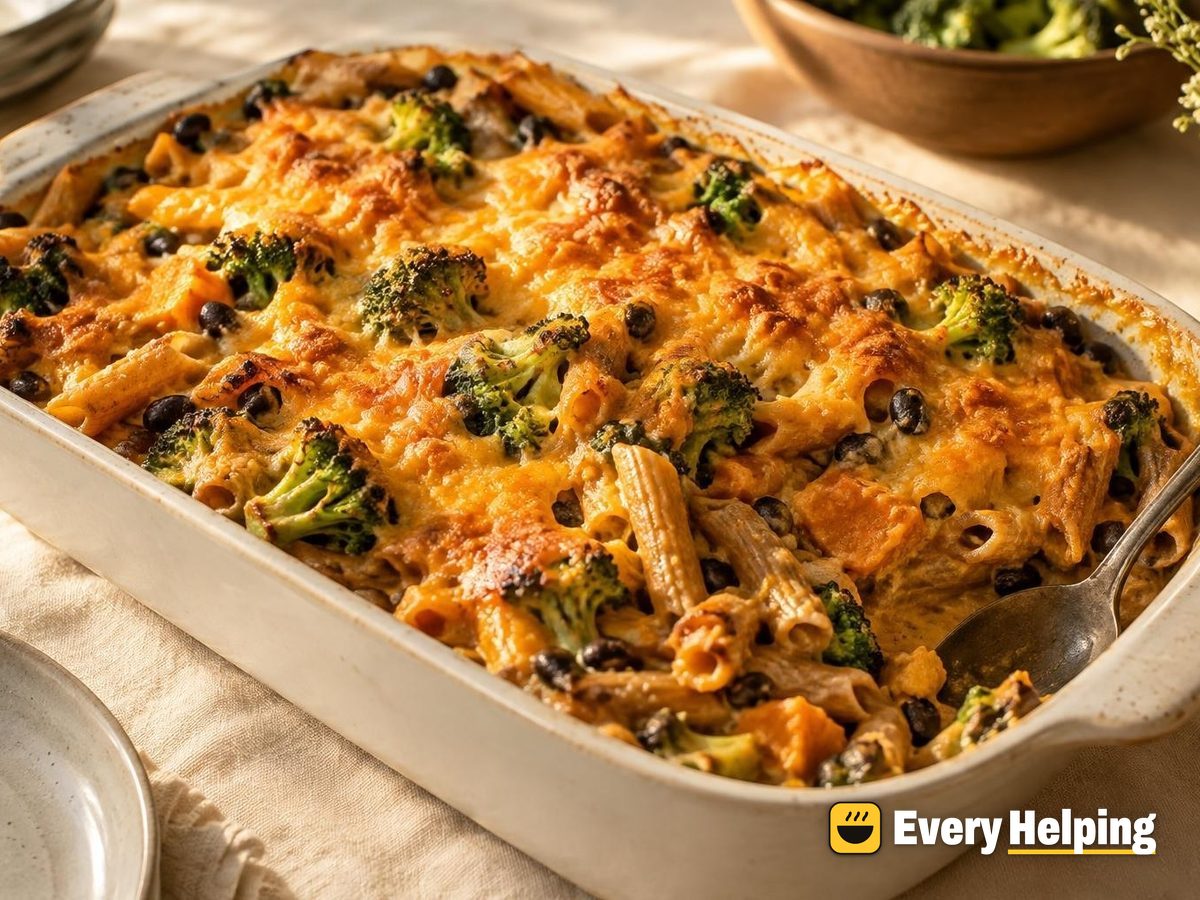 Sweet Potato Broccoli Pasta Bake with Cheddar