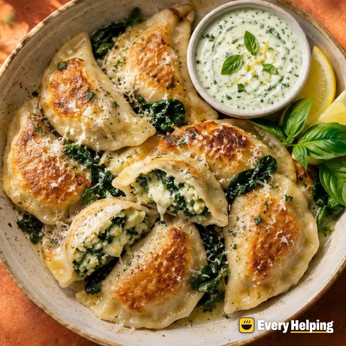 Crisp-Bottom Garlic-Parmesan Spinach Pierogi