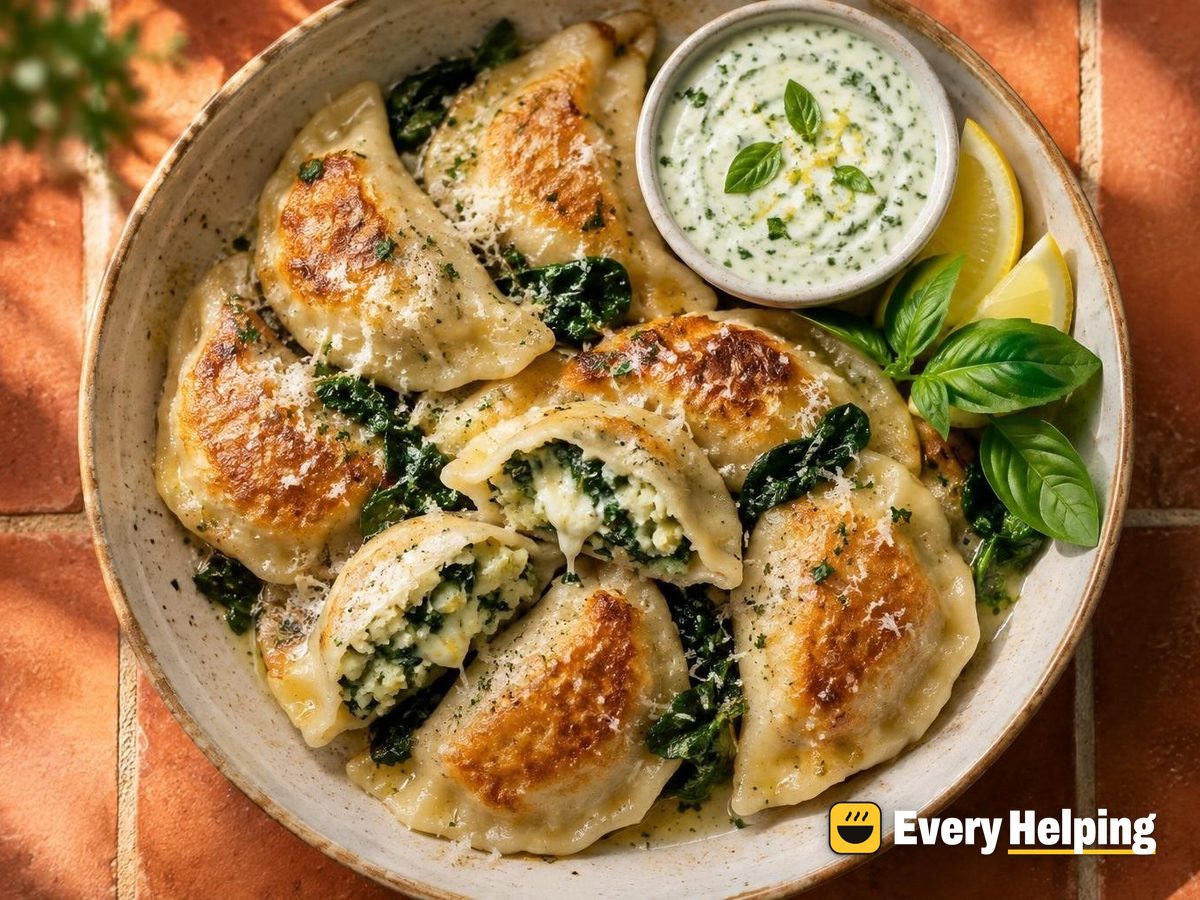 Crisp-Bottom Garlic-Parmesan Spinach Pierogi