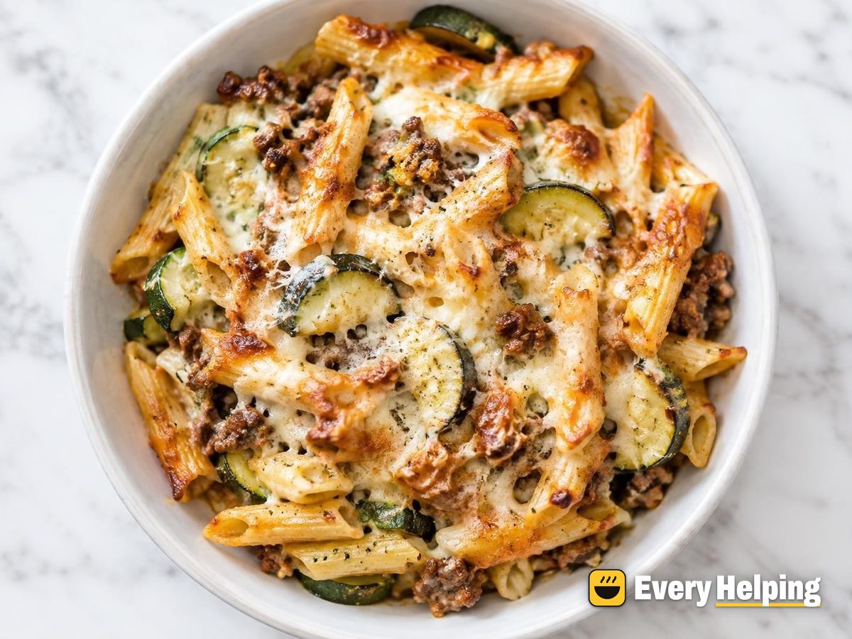 Baked Garlic Beef and Zucchini Penne