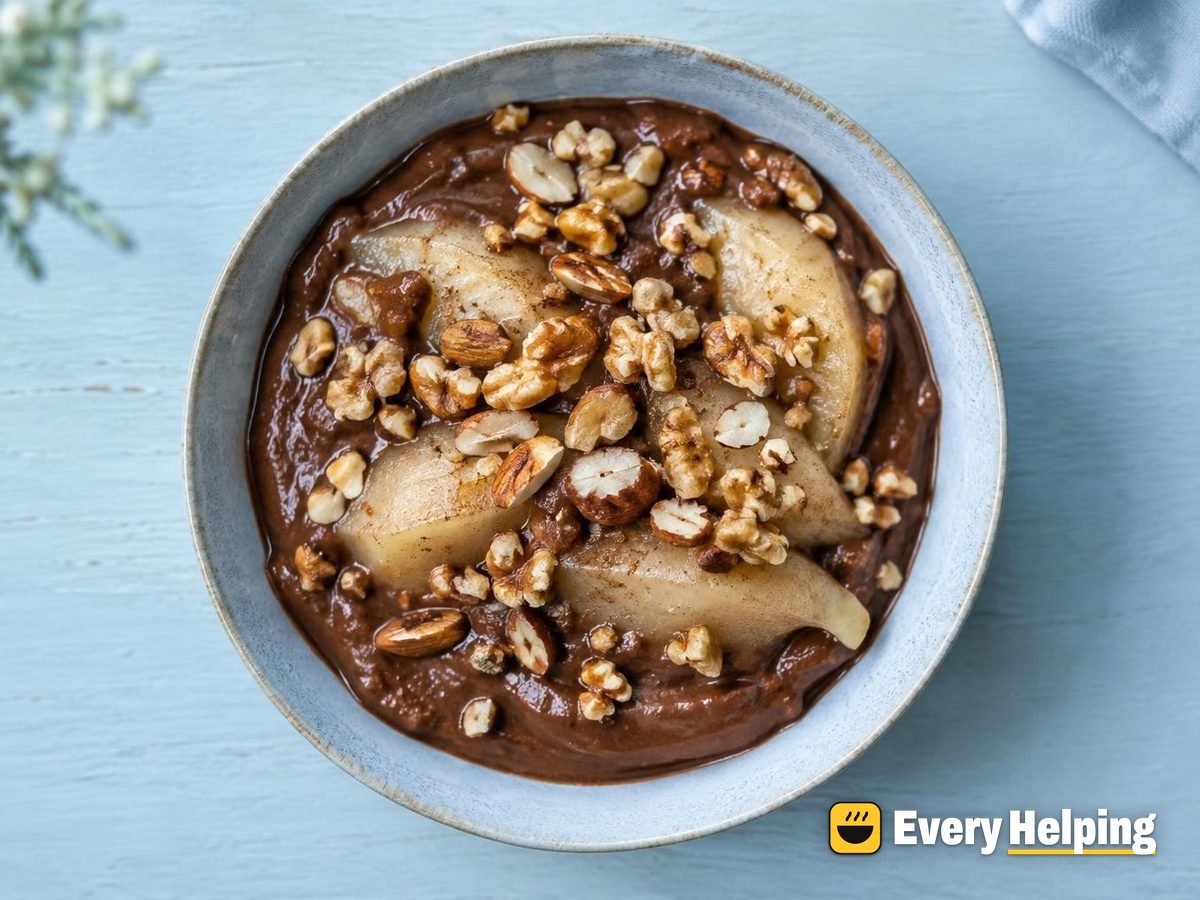 Chocolate Pear Pudding with Toasted Almonds and Walnuts
