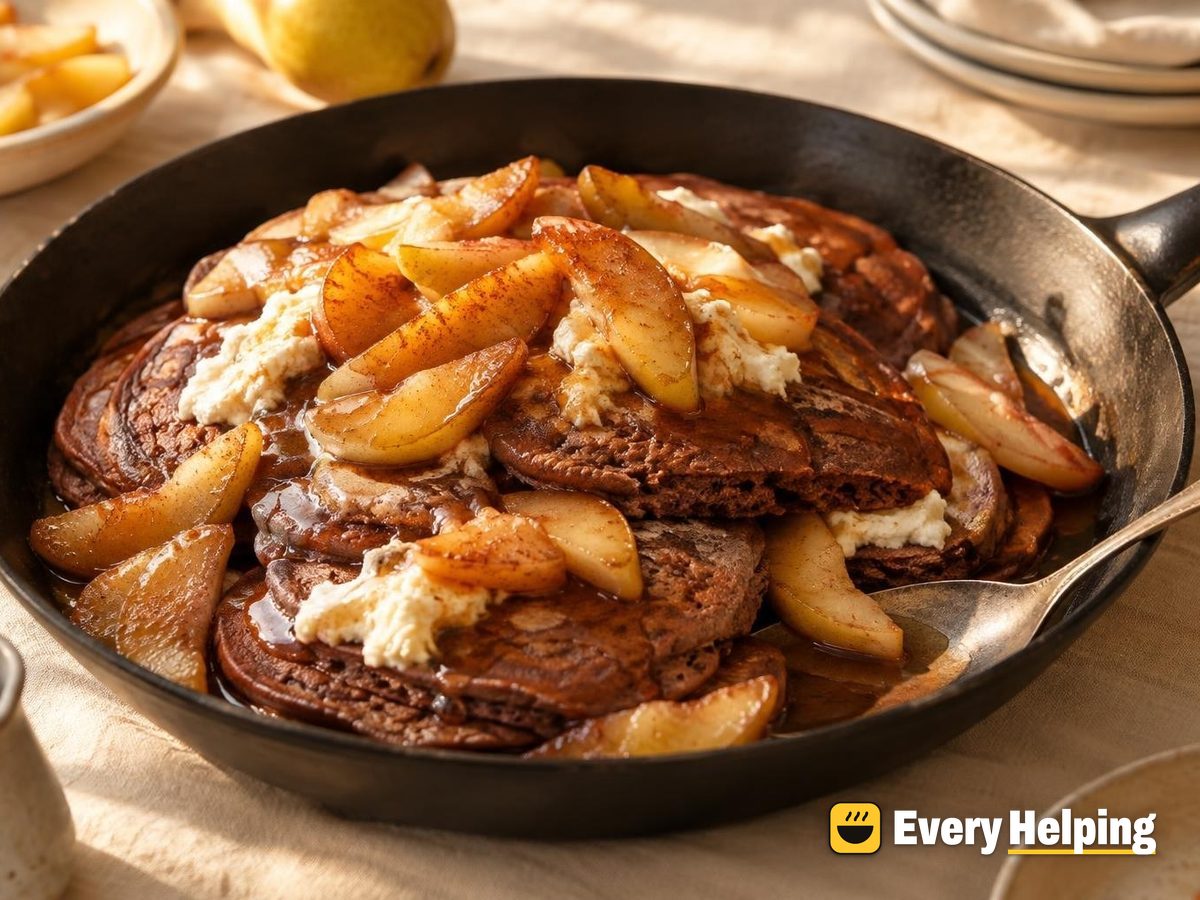 Fluffy Cocoa Ricotta Pancakes with Pears