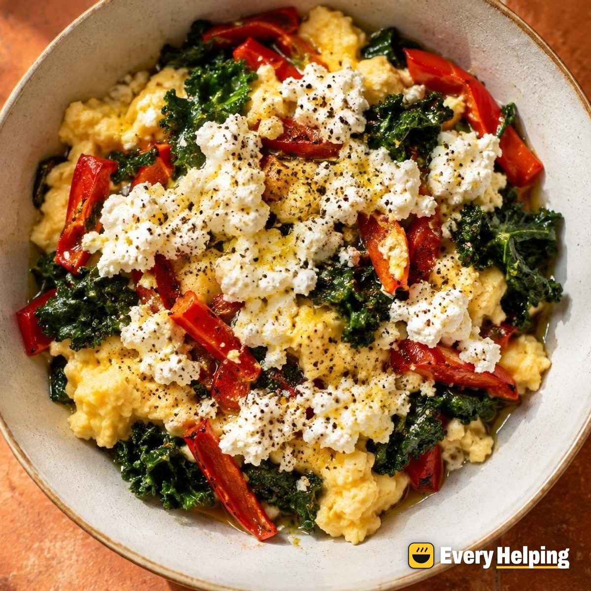 Peppered Ricotta Crumbles with Roasted-Pepper Eggs