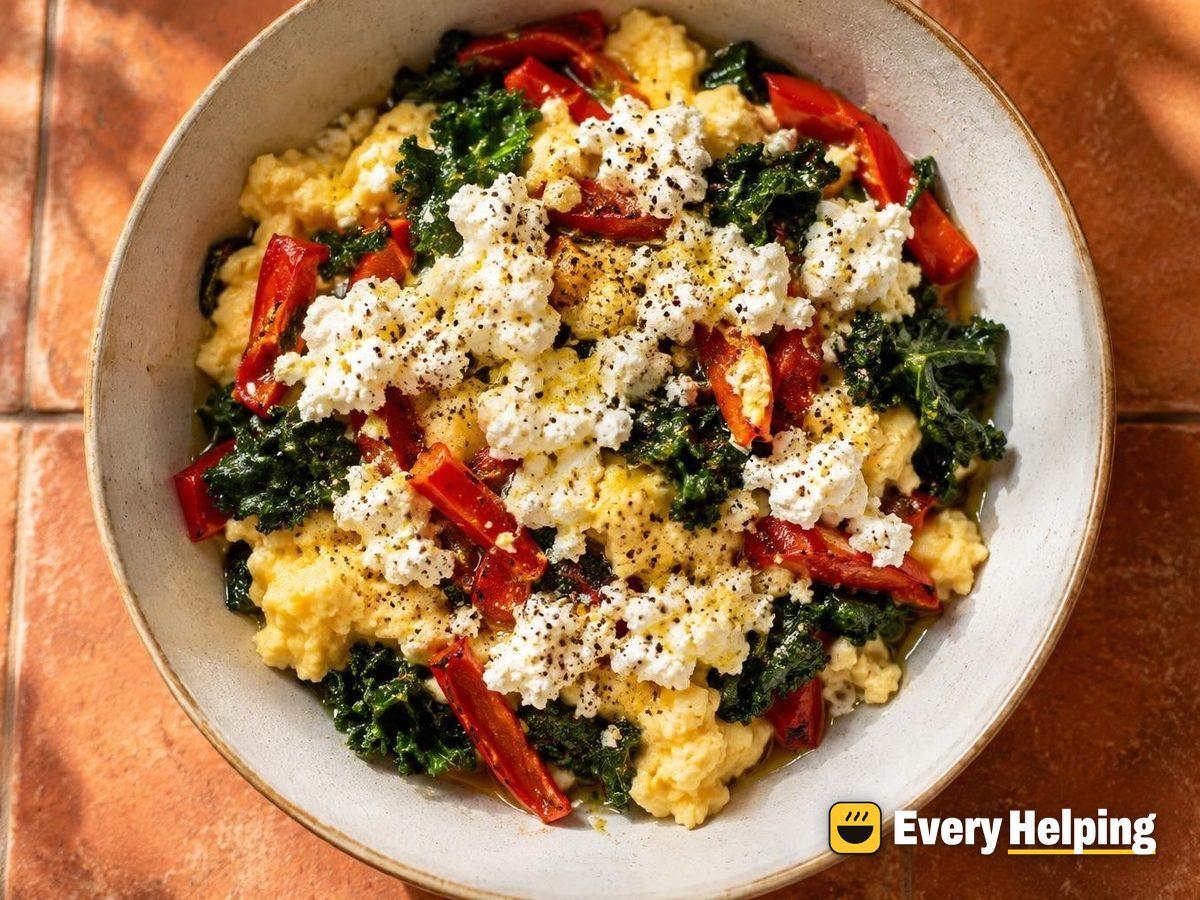 Peppered Ricotta Crumbles with Roasted-Pepper Eggs