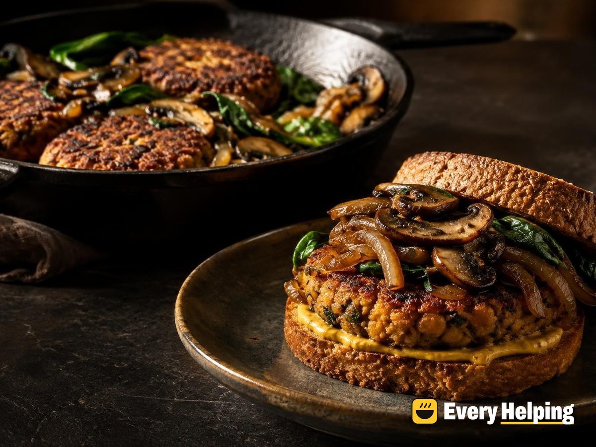 Skillet Chickpea-Walnut Burgers with Balsamic Mushrooms