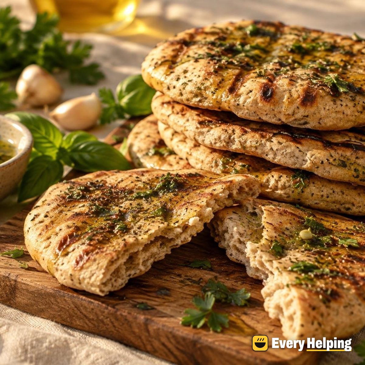 Grilled Spelt Pitas with Basil-Parsley Oil