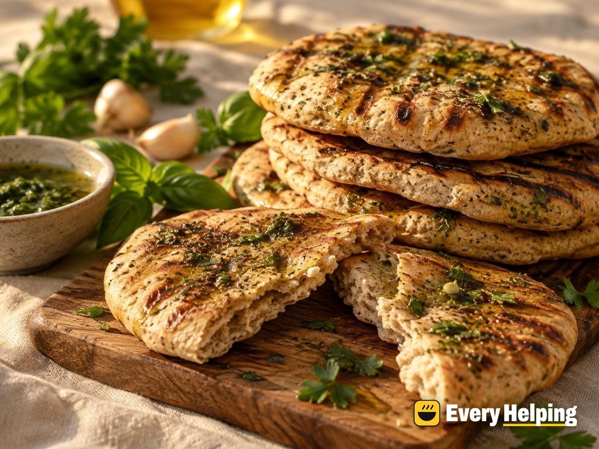 Grilled Spelt Pitas with Basil-Parsley Oil