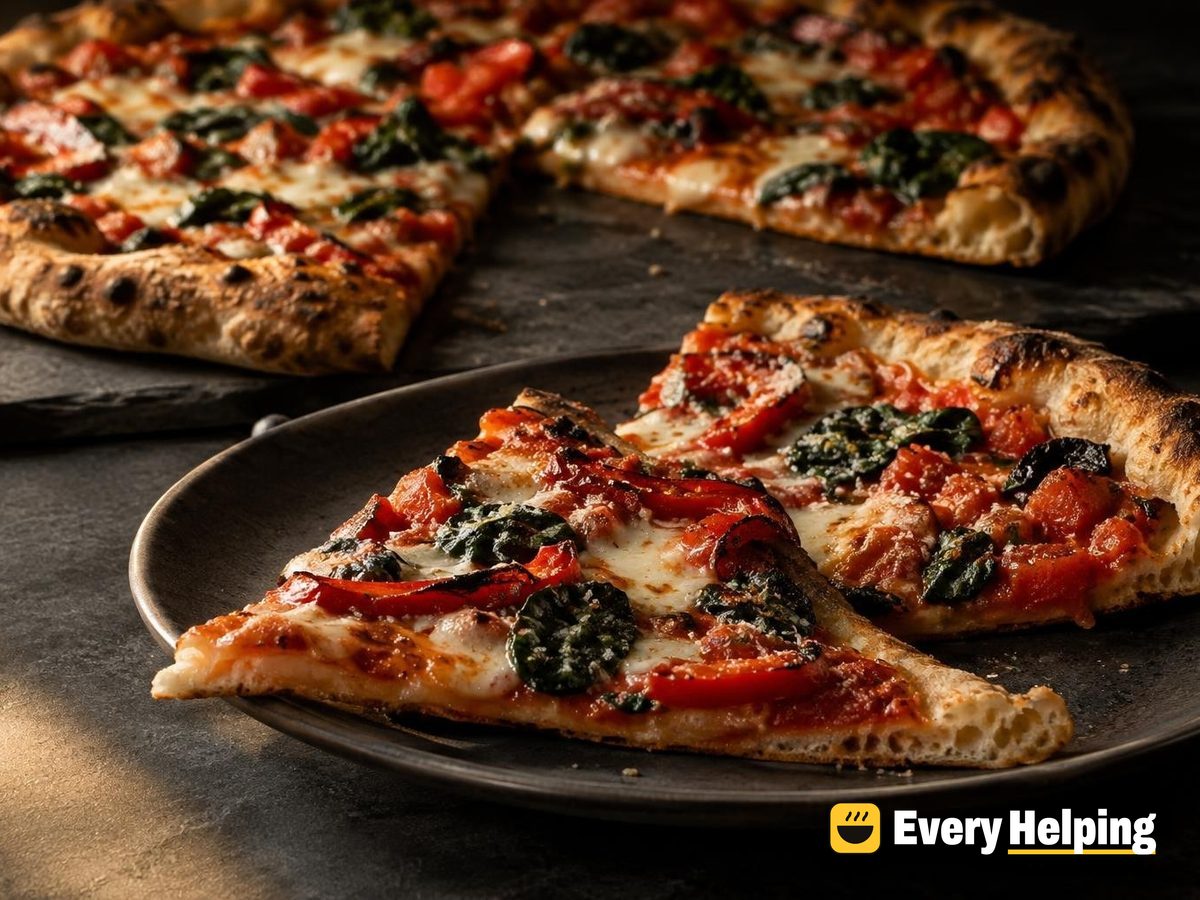 Cold-Fermented NY Spinach Garlic Roasted Pepper Pizzas