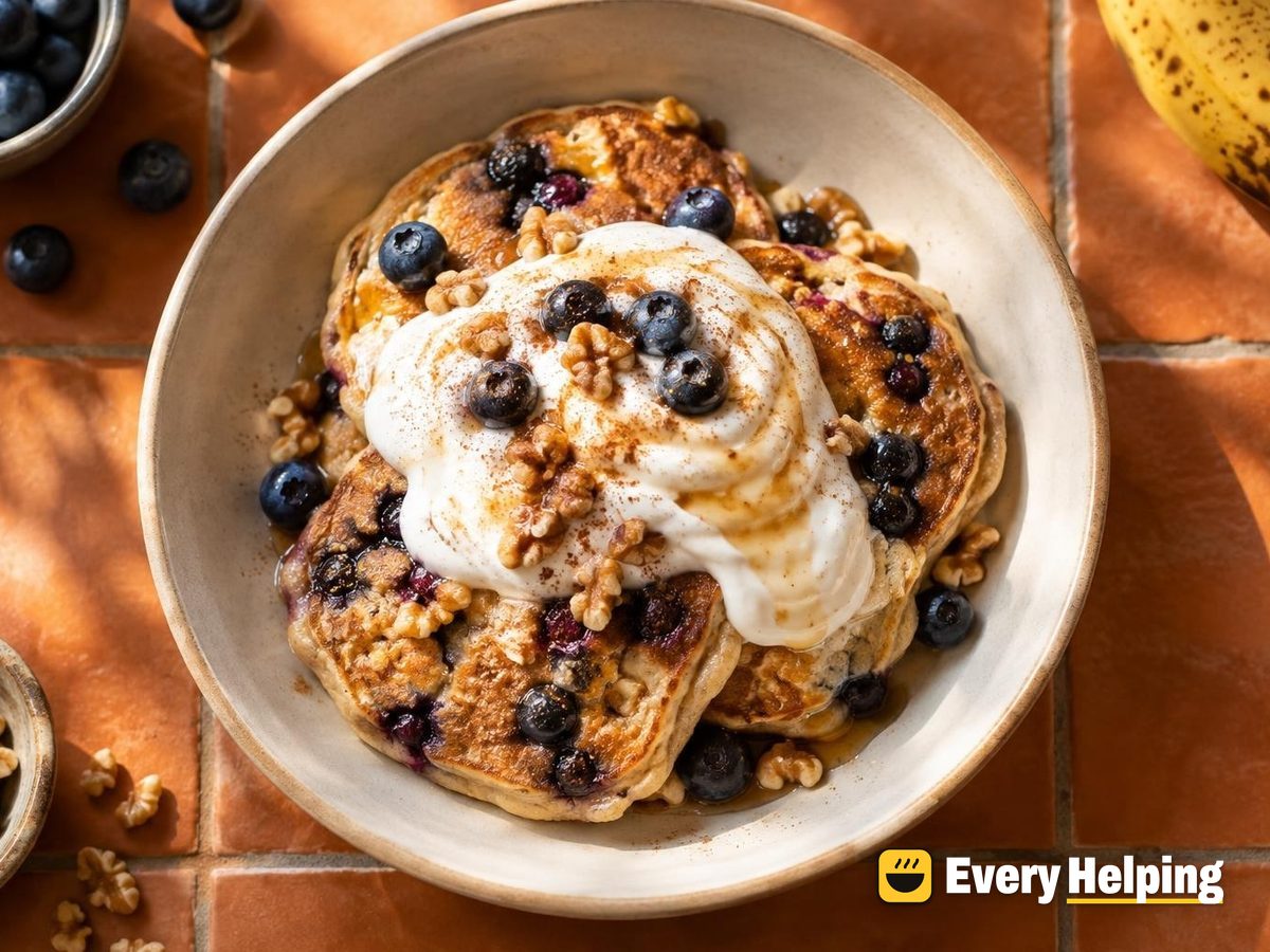 Banana Walnut Blueberry Pancakes with Maple Yogurt