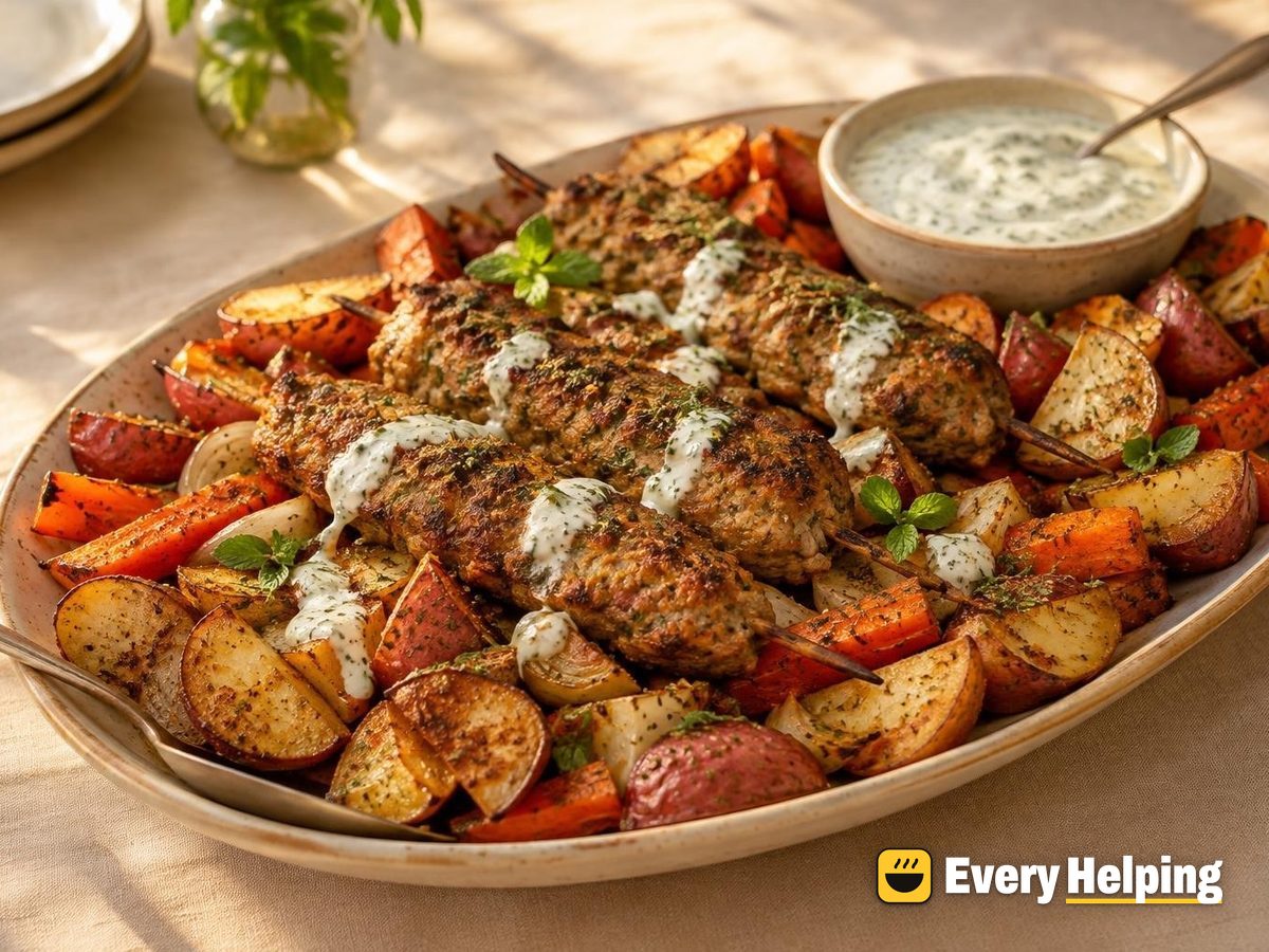 Cumin-Coriander Turkey Kofta Skewers with Roasted Roots