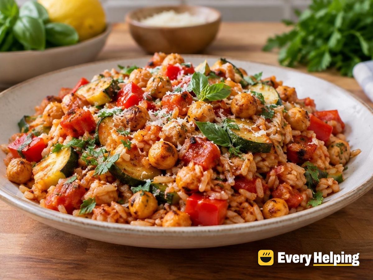 Roasted Pepper Zucchini Tomato Rice with Chickpeas