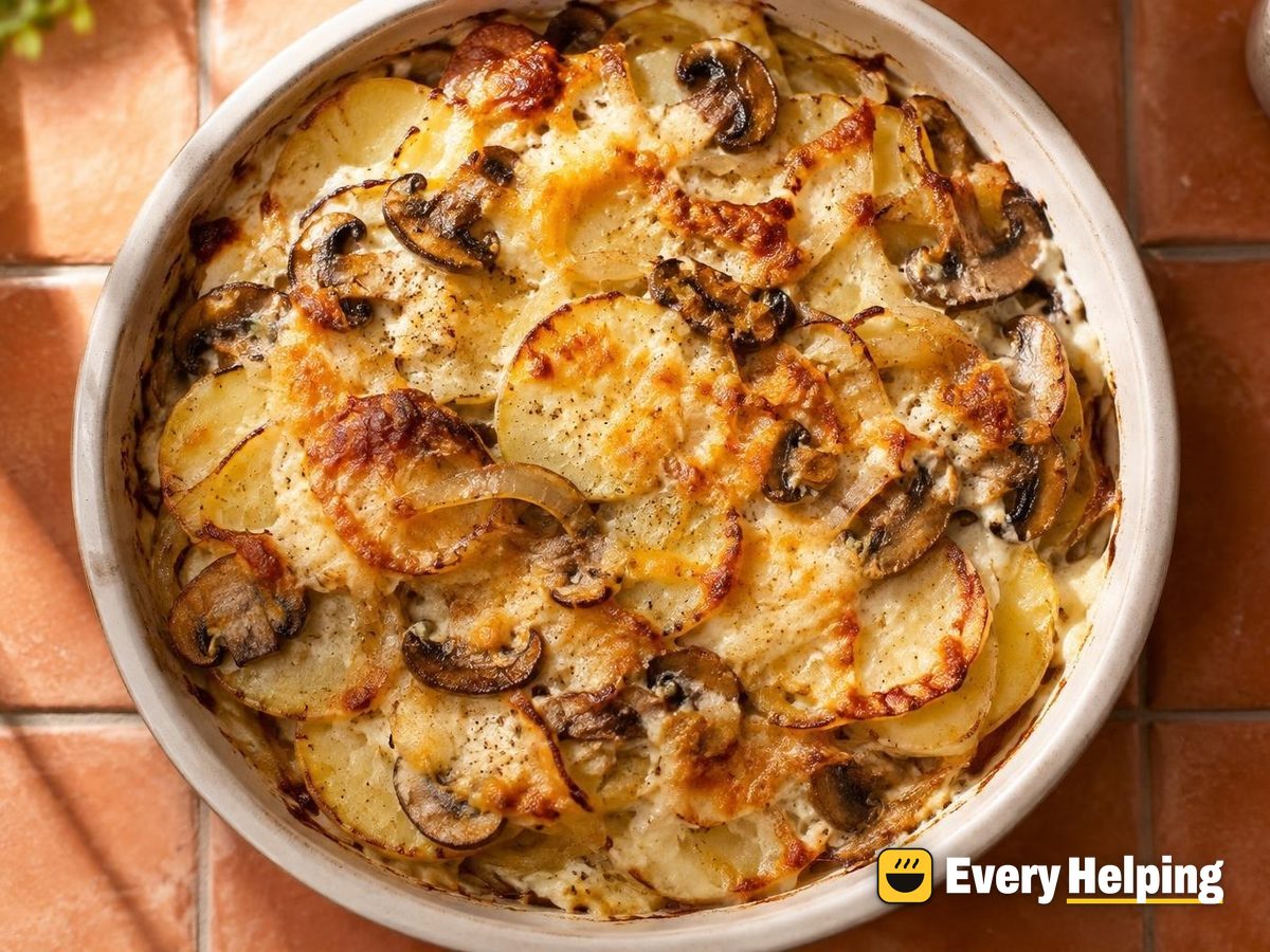 Cheesy Potato Gratin with Mushrooms and Onions