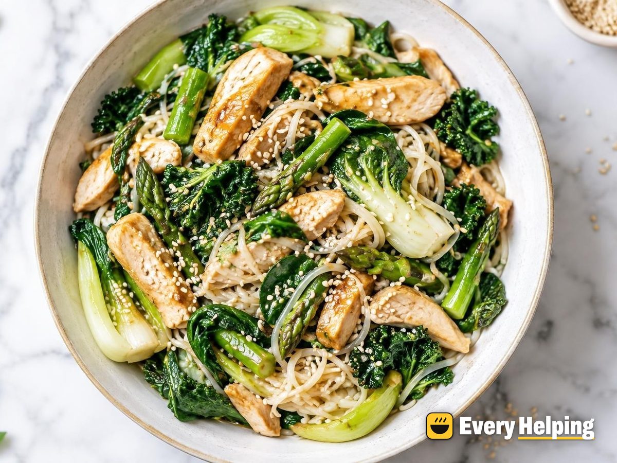 Ginger Garlic Chicken Breast with Greens and Noodles