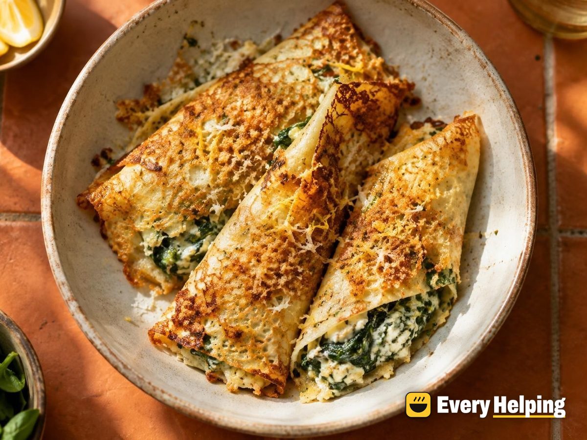 Lemony Spinach Ricotta Crêpes with Parmesan Crunch