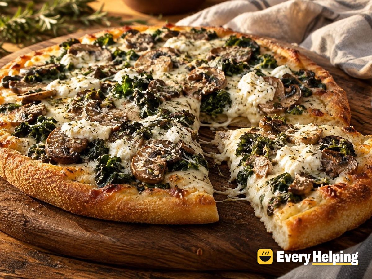Semolina Pan Pizzas with Mushrooms, Kale and Cream Cheese