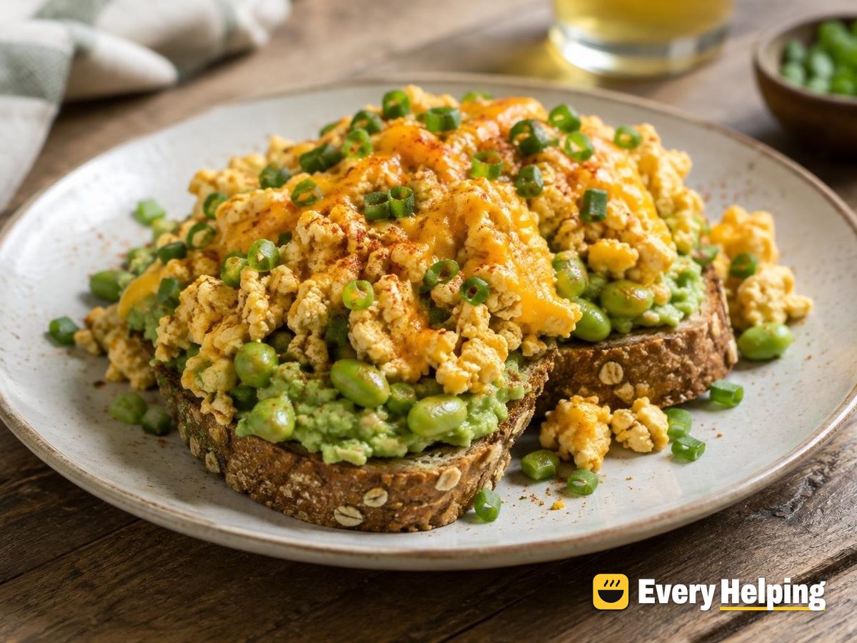 Cheddar-Chive Tofu Scramble with Edamame Toast