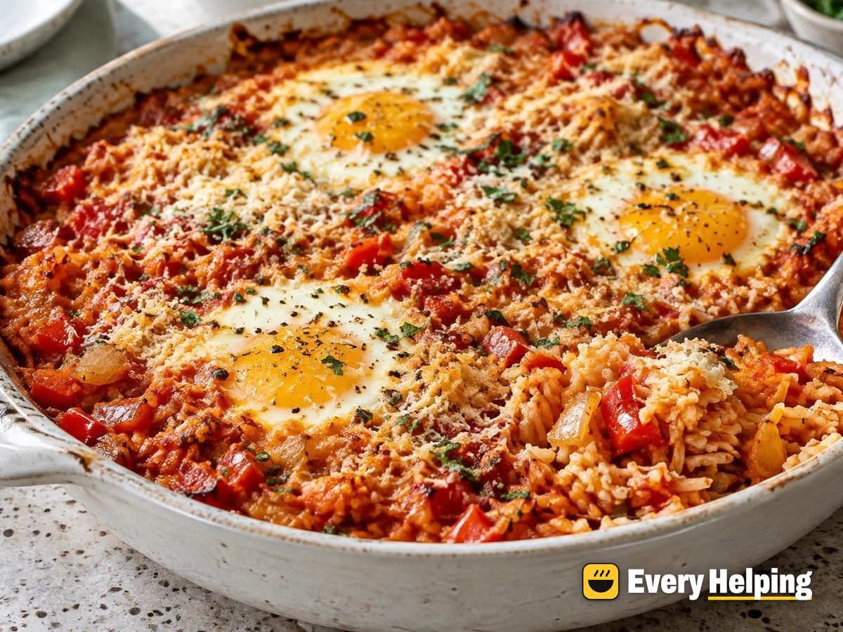 Baked Shakshuka Rice with Eggs and Parmesan