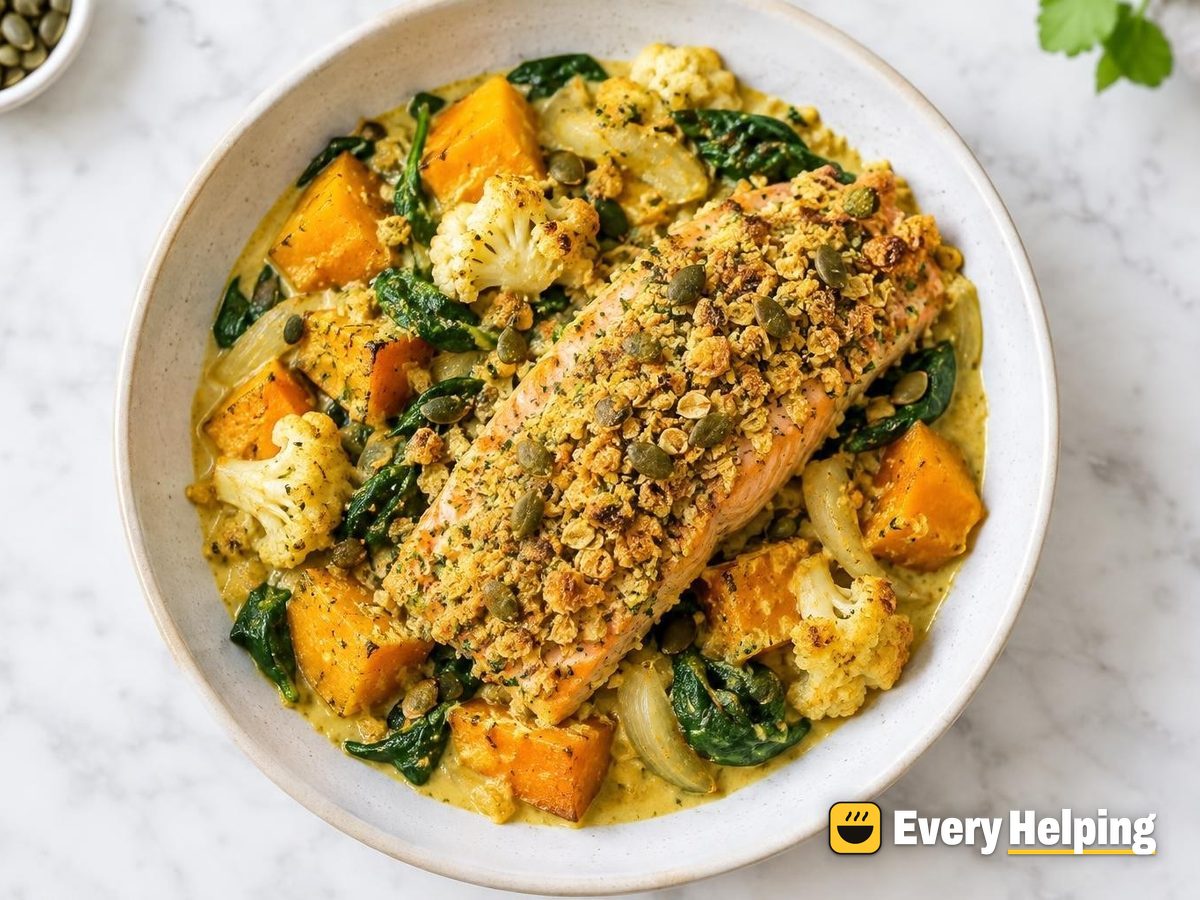 Curried Salmon, Butternut and Spinach Bake