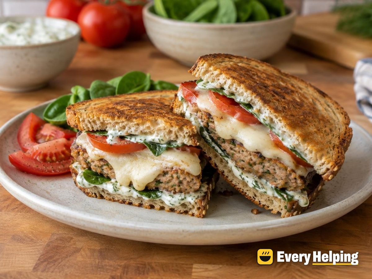 Greek Turkey Patty Melts with Dill-Mint Yogurt