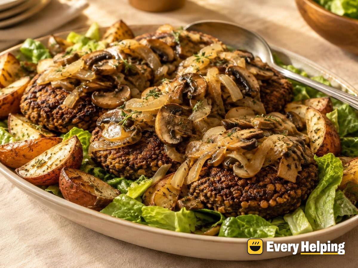 Brown Lentil Walnut Burgers with Smothered Mushrooms