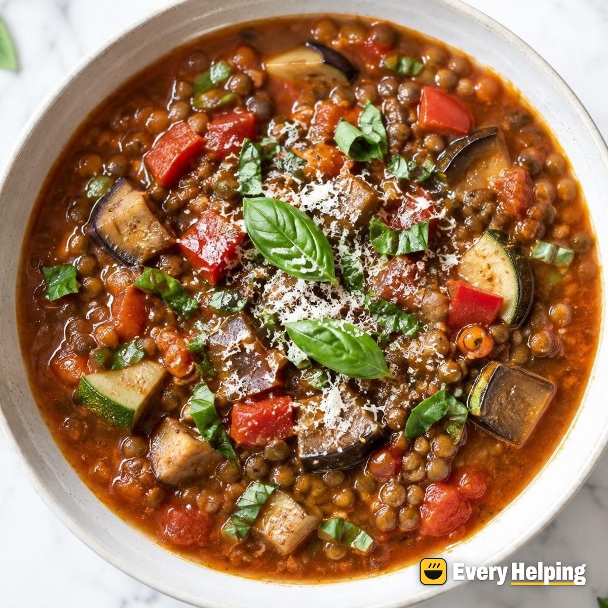 Brown Lentil Tomato Soup with Eggplant and Basil