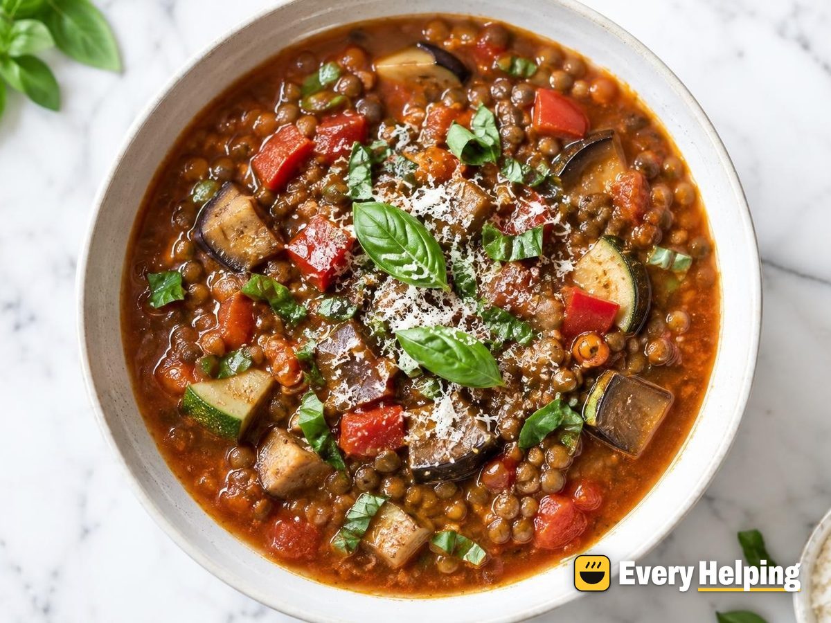 Brown Lentil Tomato Soup with Eggplant and Basil