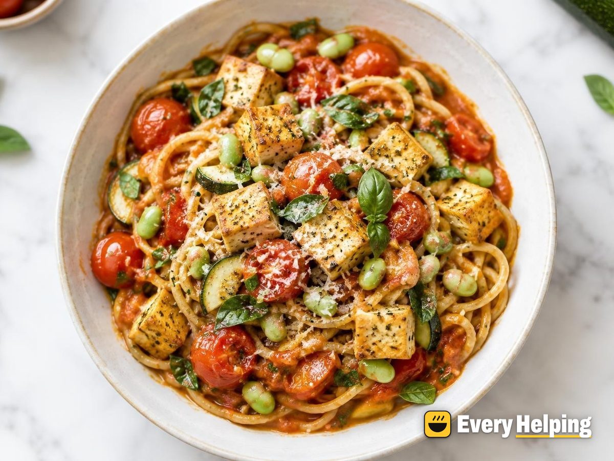 One-Pot Cherry Tomato Tofu Spaghetti with Edamame