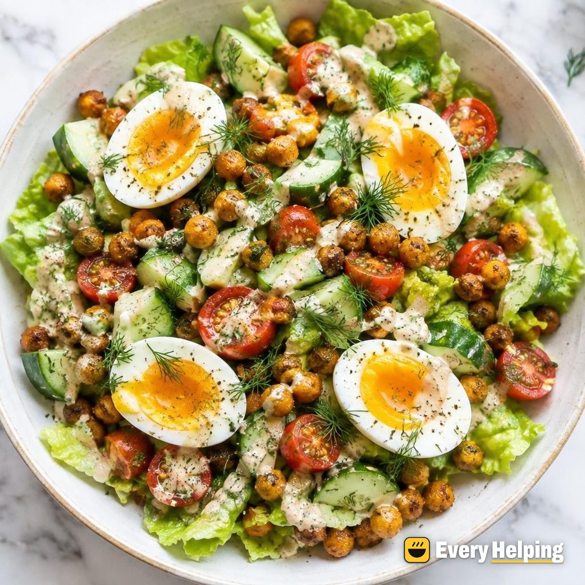 Jammy Egg and Chickpea Romaine Salad
