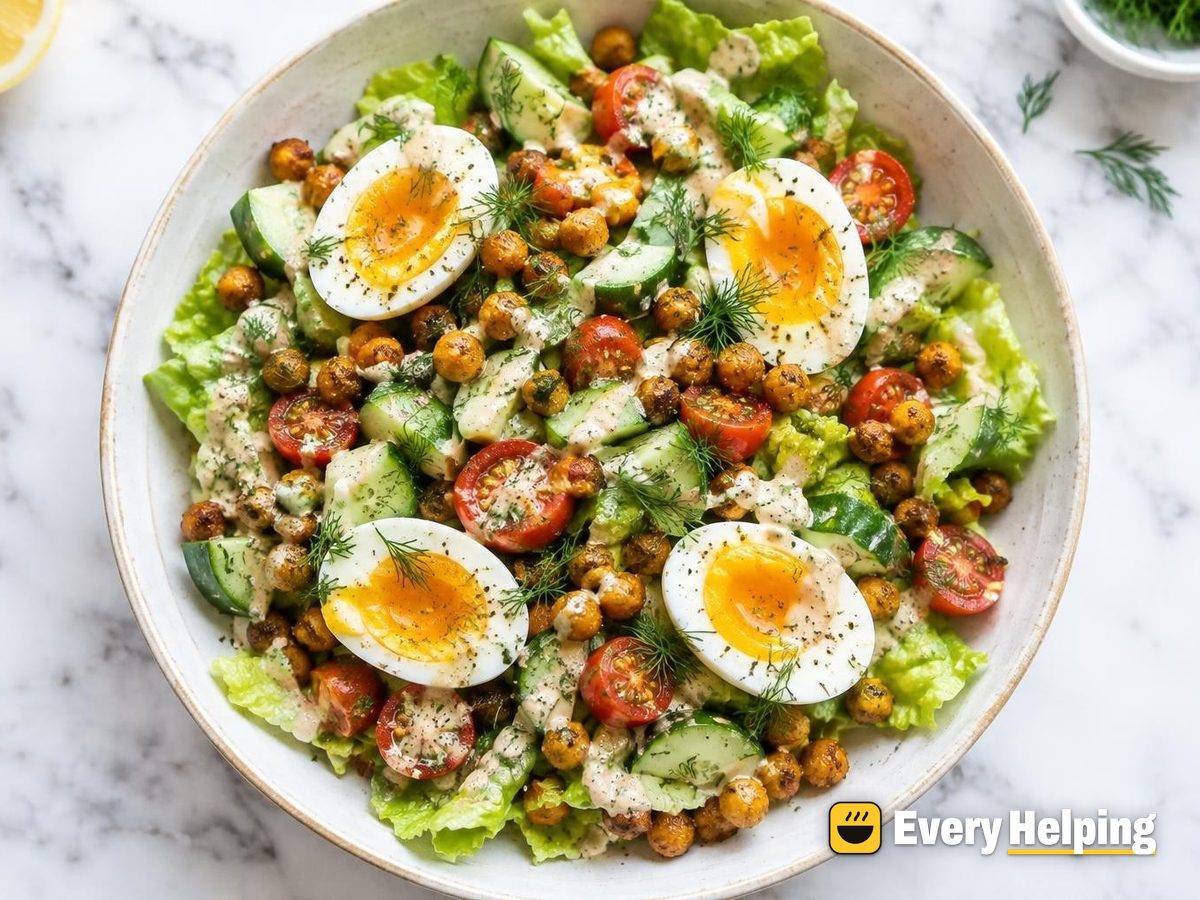 Jammy Egg and Chickpea Romaine Salad