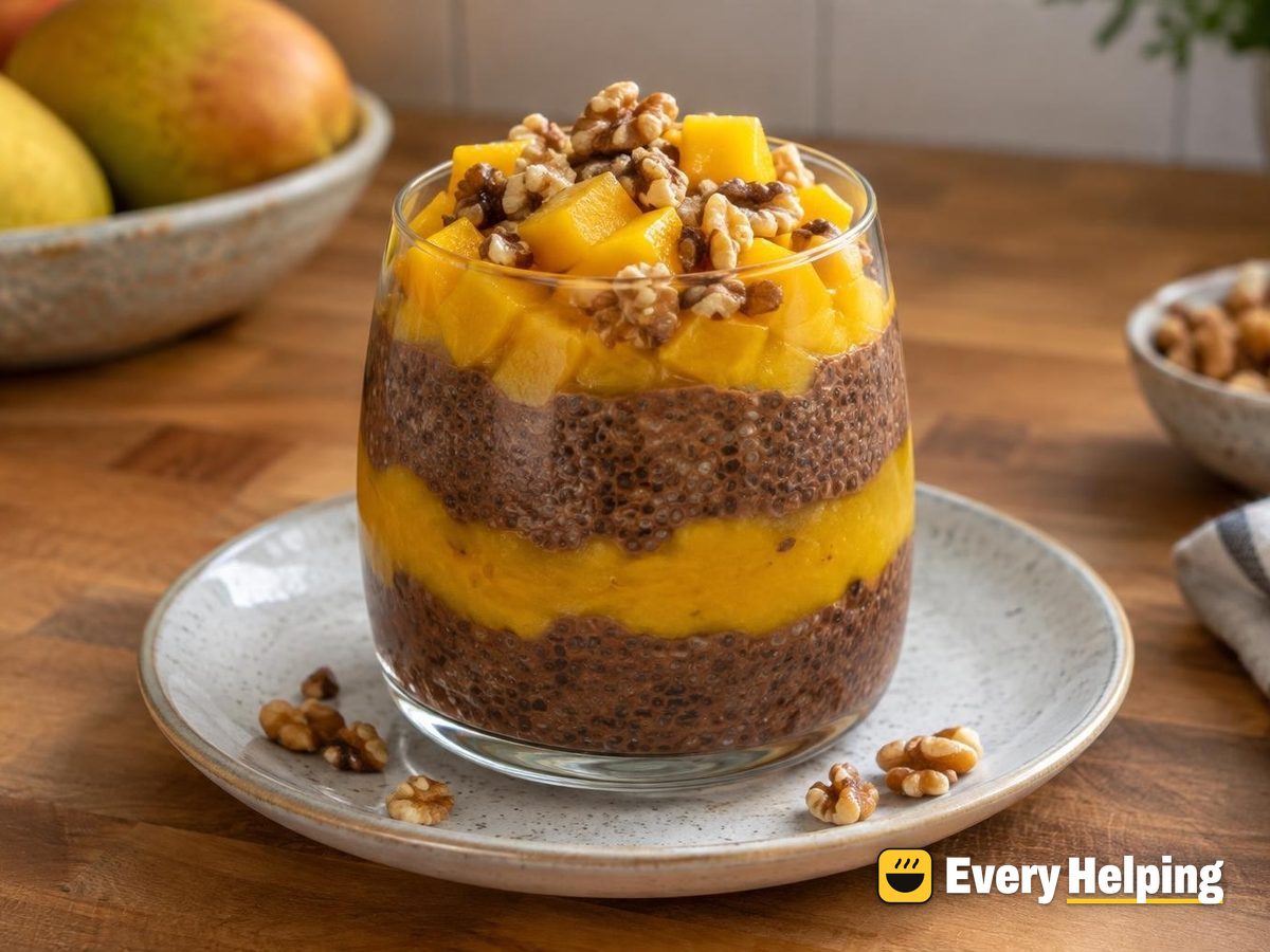 Chocolate Chia Pudding with Mango and Walnuts