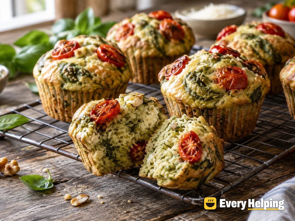 Pesto Swirl Muffins with Blistered Cherry Tomatoes