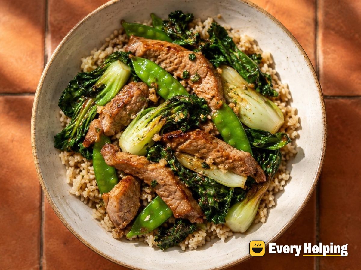 Lime Ginger Pork with Brown Rice and Greens