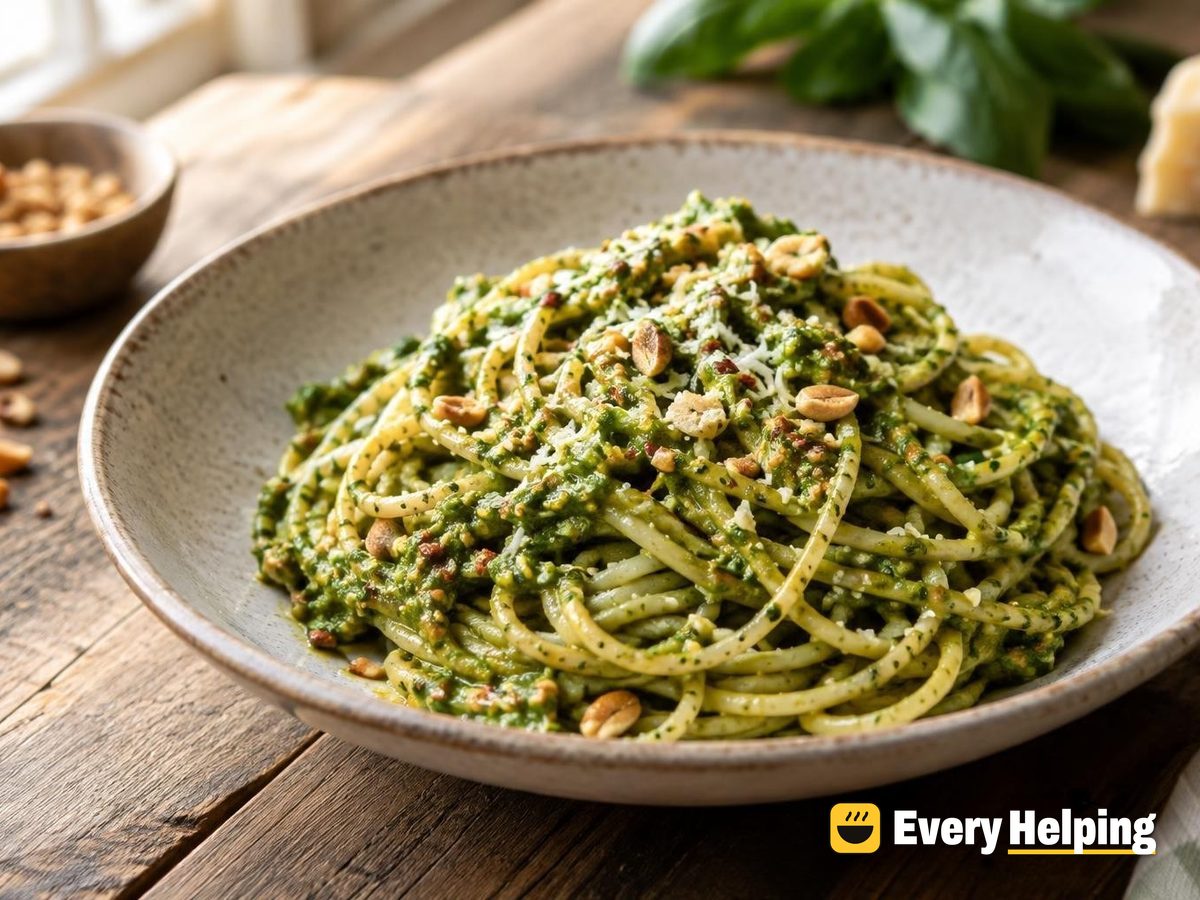 Roasted Garlic Spinach Pesto with Toasted Peanuts