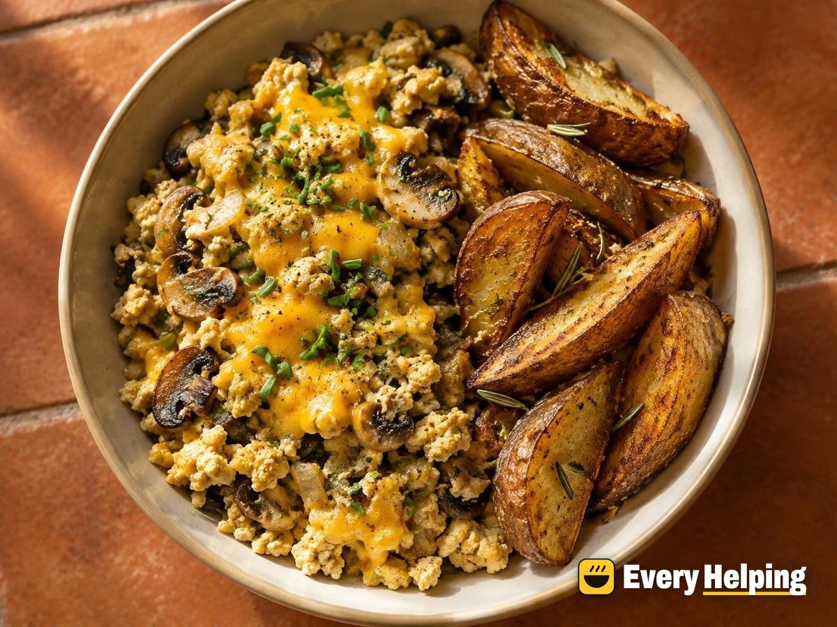 Garlicky Tofu Scramble with Mushrooms and Russet Wedges