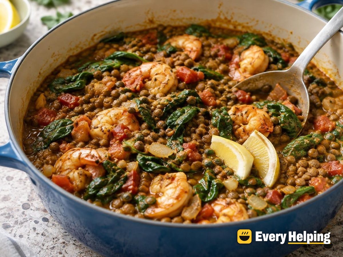 Shrimp and Brown Lentil Curry with Spinach