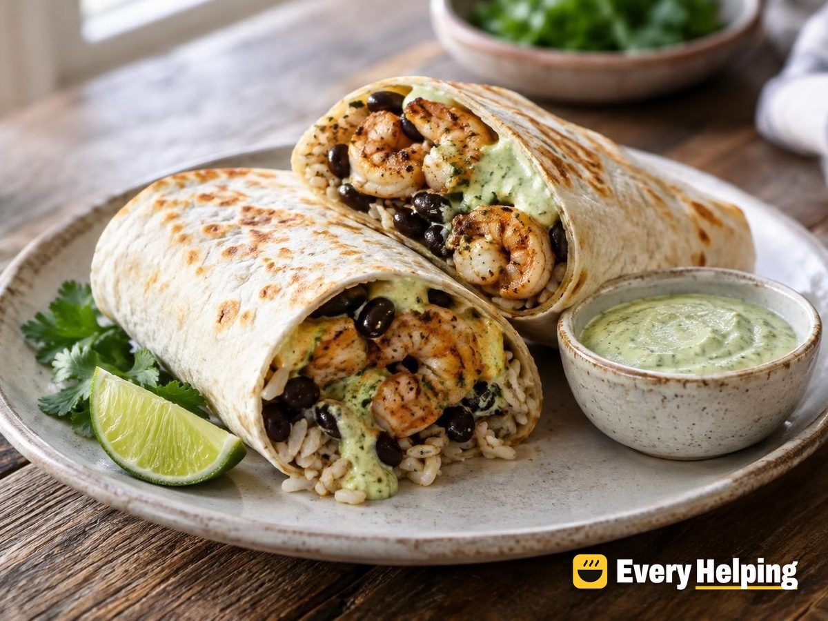 Garlic Shrimp Burritos with Avocado Crema
