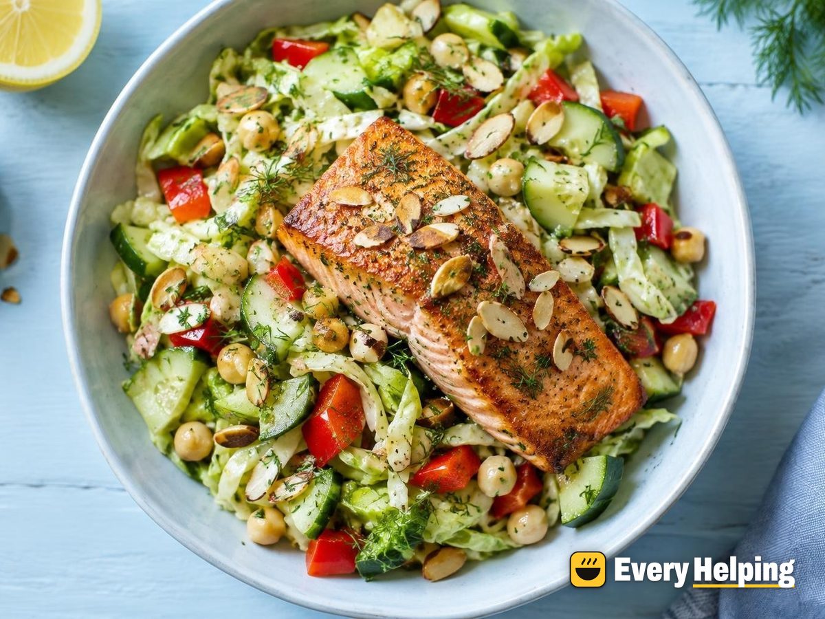 Seared Salmon Chopped Cabbage Salad with Lemon