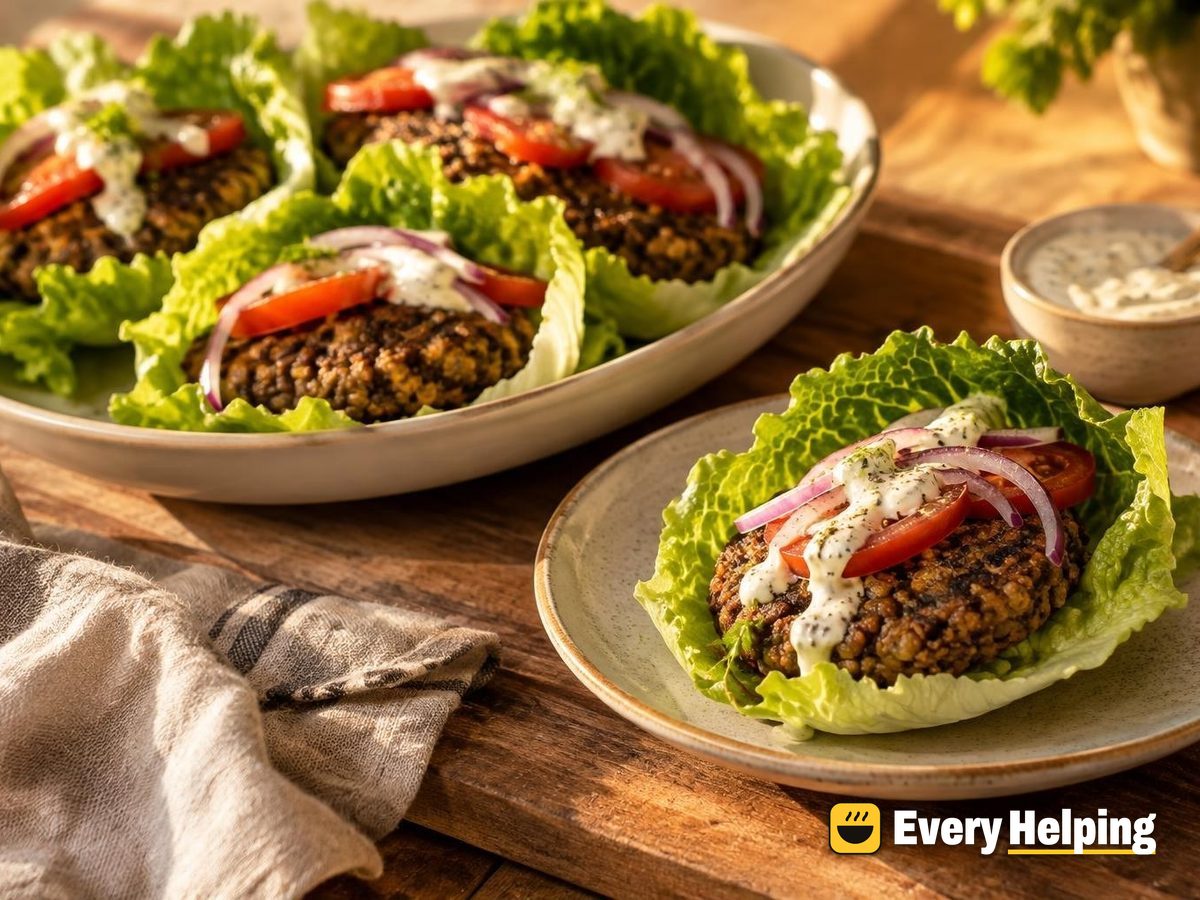 Brown Lentil Walnut Burgers in Lettuce Cups