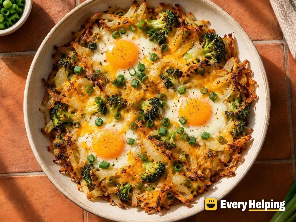 Crispy Cheddar Hash Brown Skillet with Baked Eggs