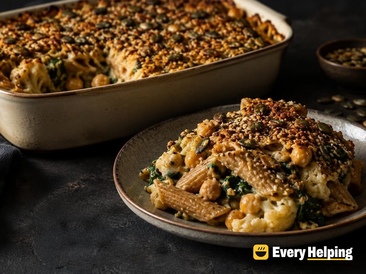 Cauliflower Chickpea Pasta Bake with Seed Crust