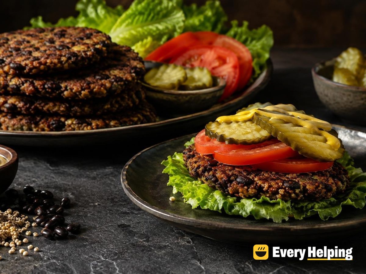 Black Bean Quinoa Smash Burgers, Pickle-Mustard